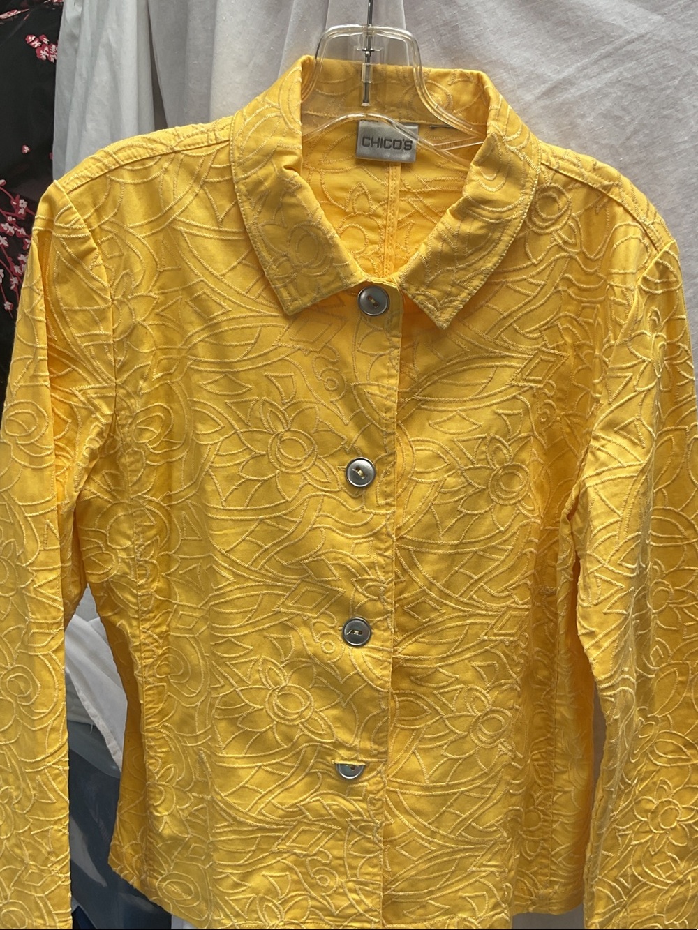 Chico's Bright Yellow Embroidered Button-Down Shirt Jacket